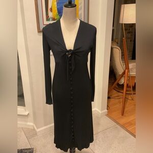 Vintage Black Long-Sleeve Tie-Front Button-Down Dress